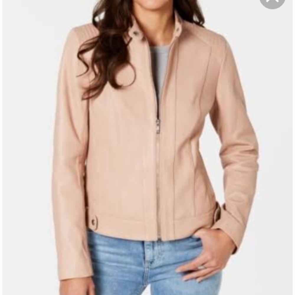 French connection leather motorcycle jacket tan sm